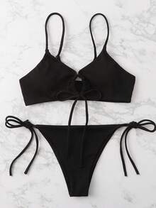 Swim Basics Summer Beach Rib Tie Side Bikini - Black - View 3