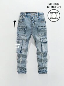 SHEIN Explorewe Jungen Vintage Straßen-Stil zerrissene Multi-Taschen Slim Fit Stretch Jeans Cargohose - Helle Waschung - Übersicht 1