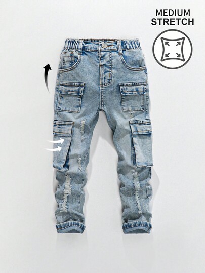 SHEIN Young Boy Vintage Street Style Distressed Ripped Multi-Pocket Stretchy Slim Fit Denim Cargo Pants Fall Winter