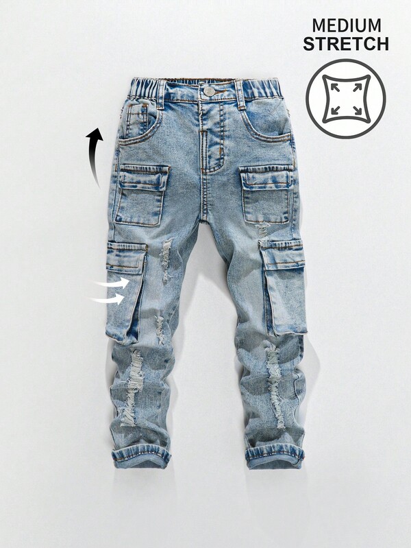 SHEIN Young Boy Vintage Street Style Distressed Ripped Multi-Pocket Stretchy Slim Fit Denim Cargo Pants Fall Winter