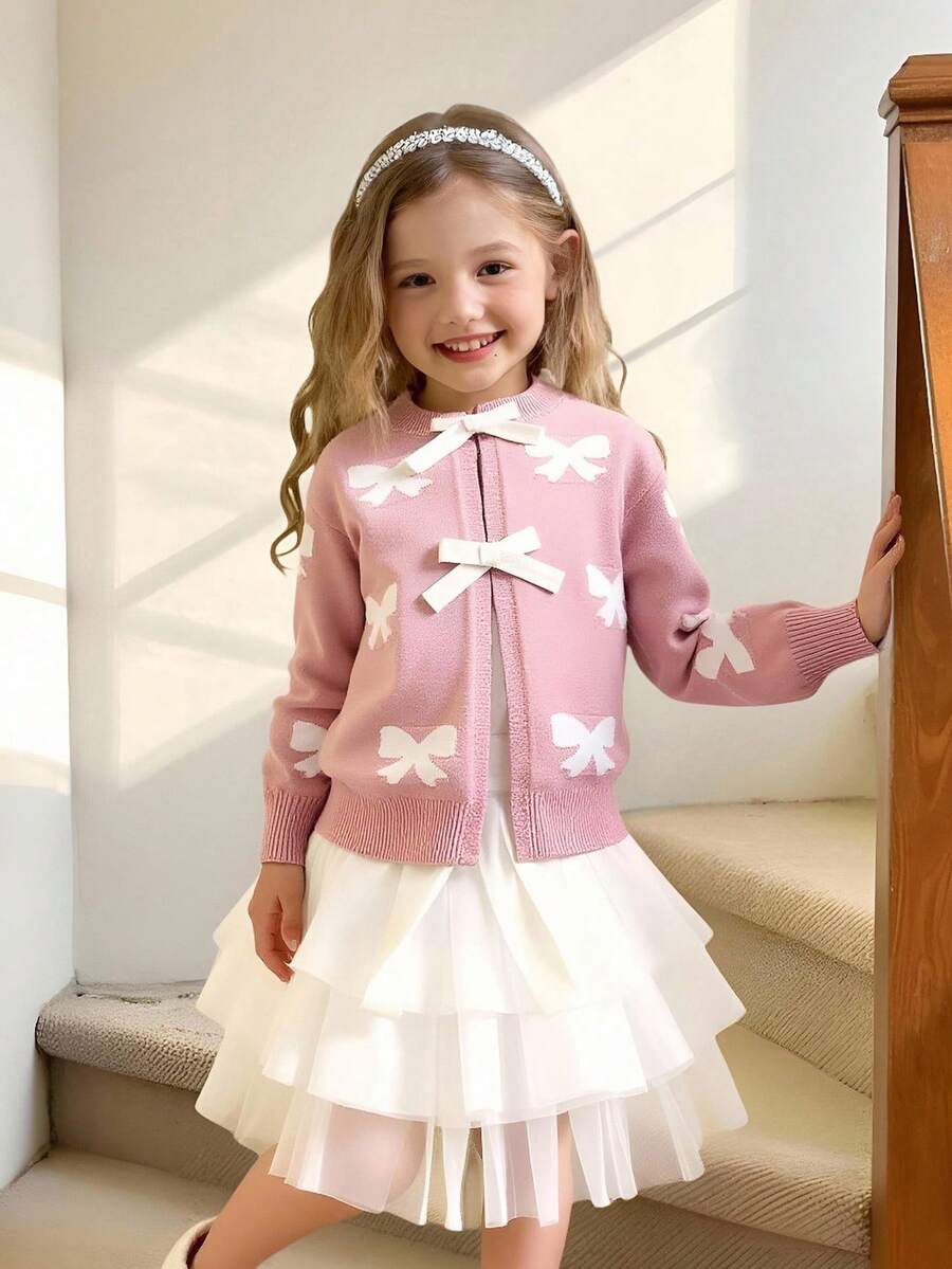 Elladie kids Chaquetas de niña Versátiles Nuevas chaquetas de punto de manga larga para niñas en otoño/invierno, con patrón de lazo jacquard, decoración de lazo 3D, tejido suelto y suave, adecuado para uso diario y ocasiones festivas - Rosa - Ver 1