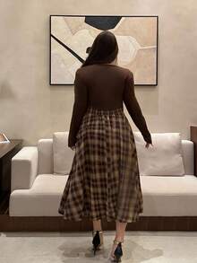 Vibekara Retro American Style Khaki Jacket & Plaid Dress 2 Pieces Set For Women Autumn Dress Plaid Dress Women Brown Two Piece Set Women Plaid Two Piece Set Coffee Brown Dress - Brown - View 3