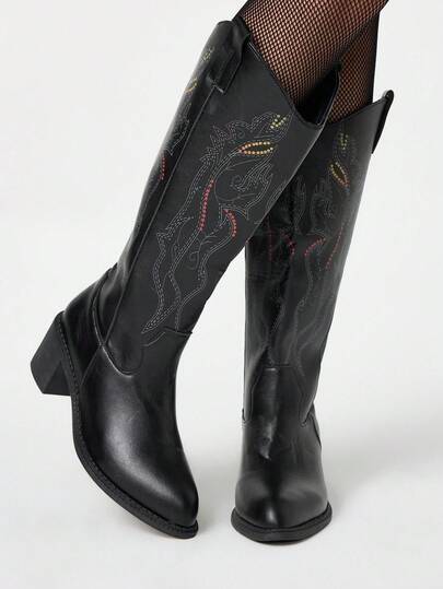 Stivali western neri, stivali alti con ricamo slip-on, stivali in pelle da motociclista sopra il ginocchio, stivali con tacco chunky sopra il ginocchio, stivali western da donna, stivali al polpaccio