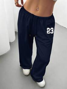 SHEIN EZwear 女式 23 图案系带宽松运动裤，日常休闲穿着，适合返校季、秋冬季 - 藏蓝色 - 查看 2