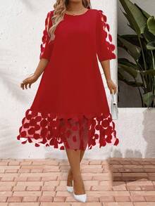 Rometta Plus Size Women Round Mesh Patchwork Loose Fit Short Sleeve Round Neck Dress - Red - View 3