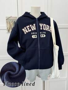 SHEIN Serisse Kids 少女休闲日常校服字母印花拉链卫衣，带口袋，保暖内衬，适合返校季秋冬季穿着 - 寶藍色 - 查看 2