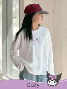 DAZY HELLO KITTY AND FRIENDS | SHEIN T-shirt à manches longues en tricot avec graphique de lettre col rond pour préadolescentes, automne - Blanc - Voir 2