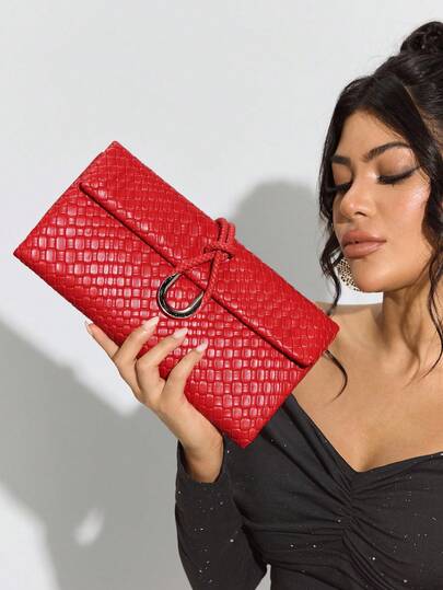 SHEIN SXY 女士，女式手拿包，红色包包，编织压花PU，时尚，优雅，简约，个性化，多功能，经典，适合通勤，办公室，约会，日常，购物，下午茶，圣诞节