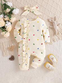 SHEIN Vintaside Kids Baby Girl Casual Heart Print Ruffle Trim Long Sleeve Jumpsuit, Autumn Fall Winter - Apricot - View 3