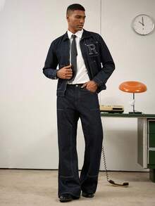 RivetRise 2pcs Men Letter Embroidered Denim Jacket And Flared Leg Jeans Clothes Set, Fall - Dark Wash - View 5