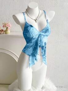 Sweetina Women's Pink Floral Print Ruffle Hem V-Neck Casual Camisole Top Blue - Baby Blue - View 6