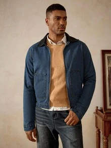 Manfinity Homme 街头休闲洗水黑色修身短款撞色领牛仔夹克，春秋 - 藍色 - 查看 6