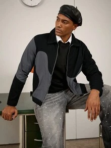 Manfinity Homme Áo khoác denim rách chắp vá màu xám và đen tương phản phong cách đường phố giản dị, mùa thu/xuân - Nhiều màu - Xem 5