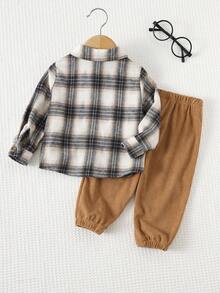 Cozy Pixies 2 件套男婴彩色格子领撞色口袋长袖开衫和纯色松紧腰九分裤套装