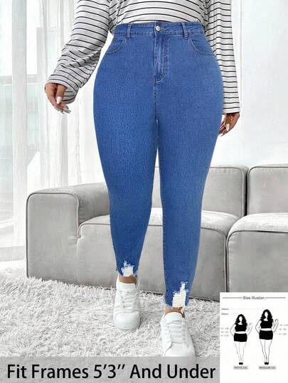 SHEIN ICON Jeans pitillo de talla grande con bolsillos sesgados desgastados para uso casual diario, otoño