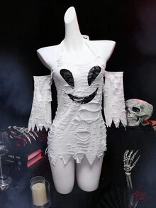 Fantasy Costume 恶魔、怪物、空心、破旧、不对称下摆、古怪、可爱的开裆内衣、性感的角色扮演内衣、角色扮演、适合万圣节派对、音乐节、酒吧、俱乐部服装、不给糖就捣蛋、女士服装 - 白色 - 查看 6