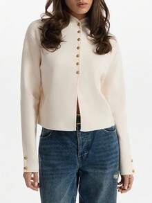 Siren Gaze Abrigo de mujer con cuello alto, botones de metal, unicolor, manga raglán y botones delanteros, de moda para otoño/invierno - Albaricoque - Ver 10