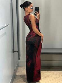 SHEIN ICON Graphic Print Split Thigh Tank Long Dress Ankle Length Dress,Wedding Guest Dress - Red - View 2