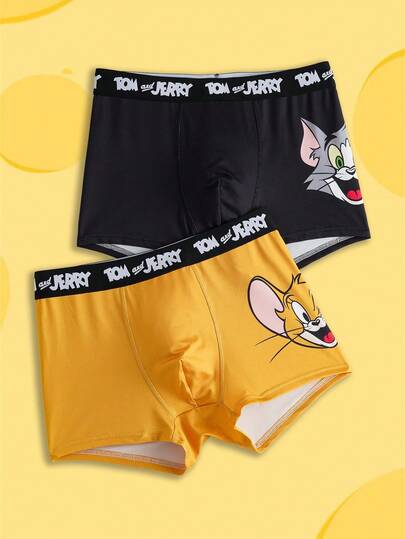 TOM & JERRY X SHEIN 2pcs Men's Comfortable Letter Tape & Cute Cartoon Print Trunks, Basic Casual, Funny Boxers For Men