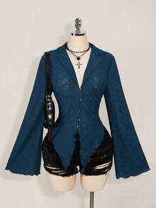 SHEIN ICON ICON PLUS 生菜边不对称下摆透视上衣（无胸罩）大码衬衫 - 1891，Y2k - 藏蓝色 - 查看 5