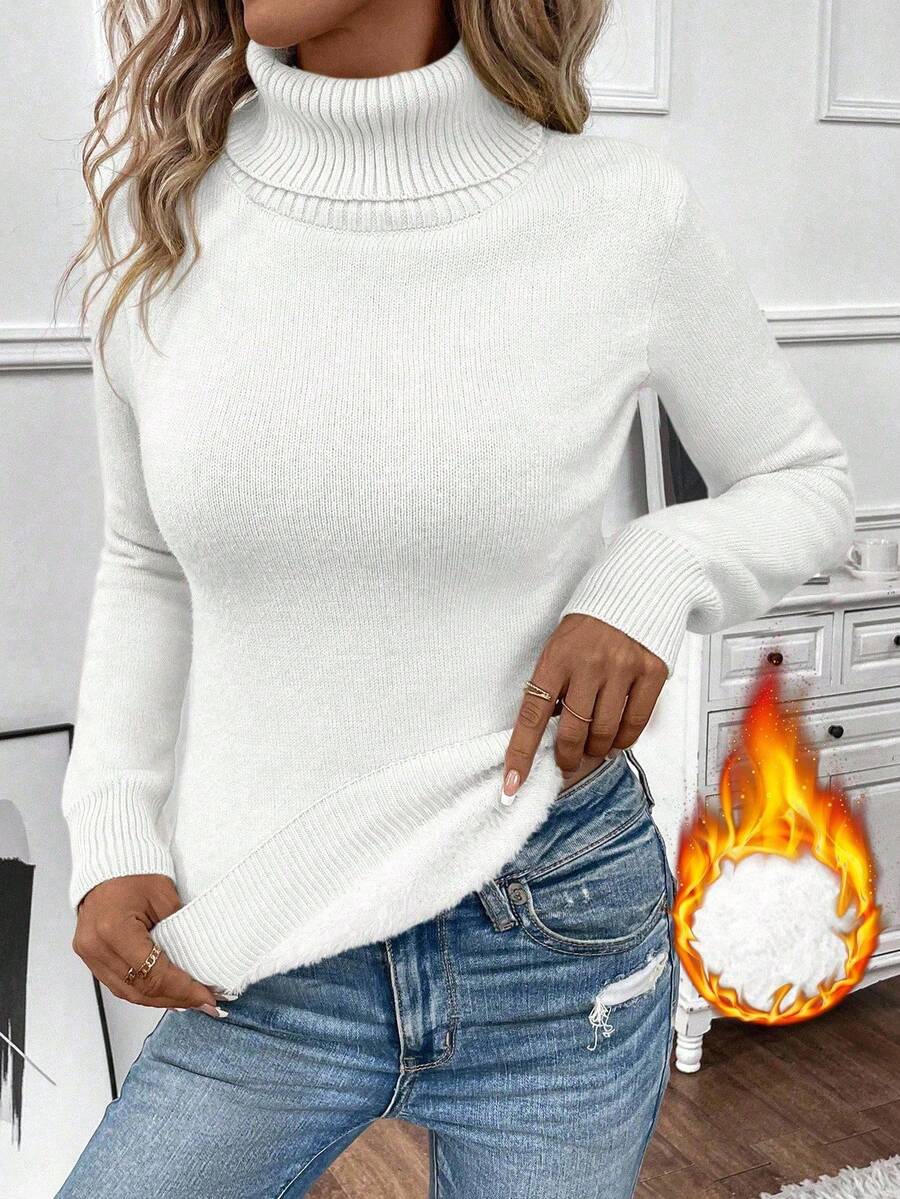 EMERY ROSE Women's Casual Solid Color Turtleneck Thermal Lined Long Sleeve Sweater - White - View 1