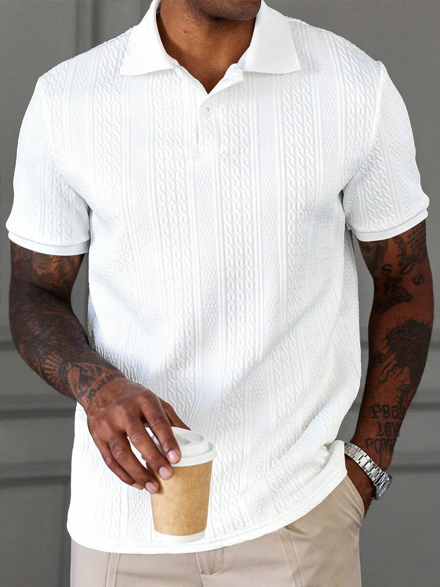 Manfinity CasualCool Men's White Geometric Striped Textured Casual Polo Shirt Polos For Men Men Clothes Men Polo Shirts Polo Shirts For Men Collar Polo T Shirt Men
