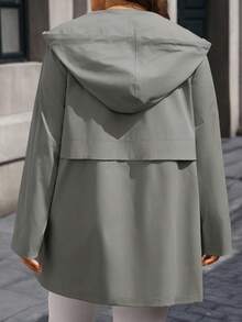 EMERY ROSE Plus Size Women's Solid Color Long Sleeve Pocket Drawstring Hooded Casual Trench Coat/ Winter - Dark Grey - View 2