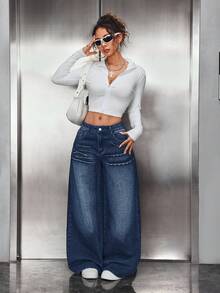 SHEIN PETITE 女式 Y2K 休闲时尚街头水钻十字图案宽松阔腿牛仔裤 - 深色水洗藍 - 查看 3