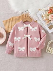 Elladie kids Chaquetas de niña Versátiles Nuevas chaquetas de punto de manga larga para niñas en otoño/invierno, con patrón de lazo jacquard, decoración de lazo 3D, tejido suelto y suave, adecuado para uso diario y ocasiones festivas - Rosa - Ver 3