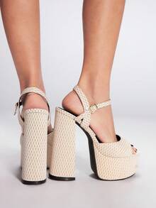 Sugerpunk 15cm Super High Heel Sexy Waterproof Platform Sandals, Shiny Stilettos, Thick Bottom Peep-Toe Women Shoes - Apricot - View 4