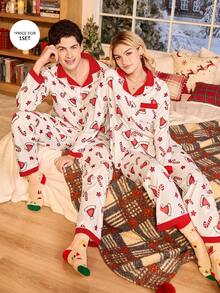 CoupledUp Men's Woven Christmas Themed Print Colorblock Long Sleeve Top & Trousers Pajama Set, Fall Winter Clothes