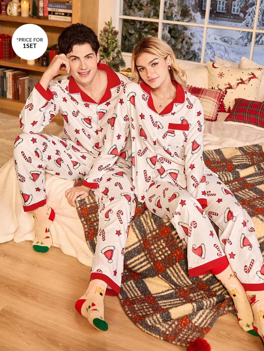 CoupledUp Men's Woven Christmas Themed Print Colorblock Long Sleeve Top & Trousers Pajama Set, Fall Winter Clothes