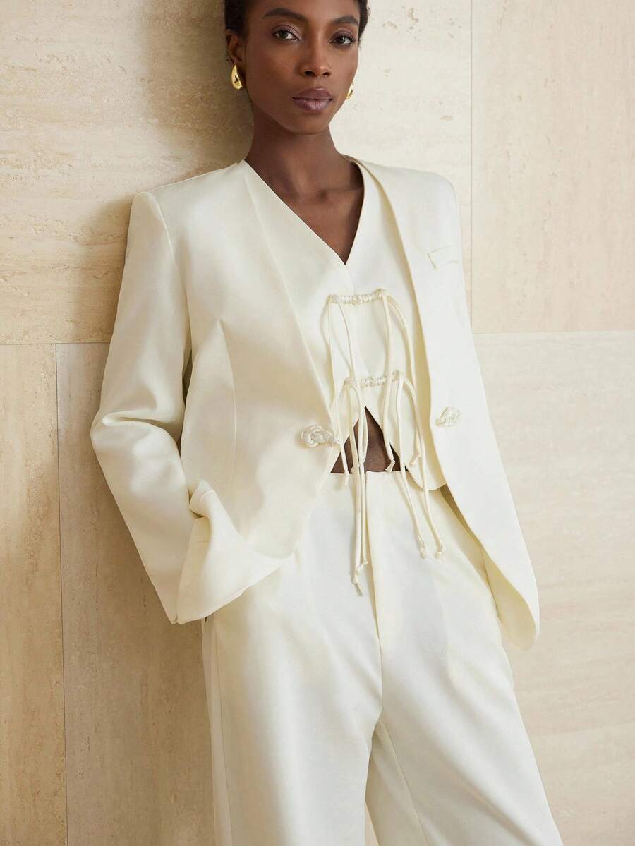 Aveloria Modichic 3 Pieces Set: Chinese Style Exquisite Button Vest, Long Sleeve Collarless Jacket, And Straight Leg Pants