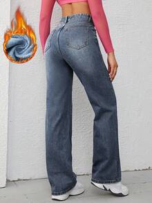 SHEIN EZwear 女式高腰口袋保暖内衬直筒宽松牛仔裤 - 淺色水洗藍 - 查看 2