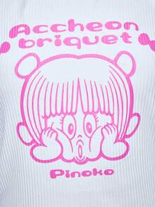 Black Jack X ROMWE Camiseta de tirantes ajustada de punto acanalado con figura de dibujos animados y gráfico de letras para mujer - Blanco - Ver 2