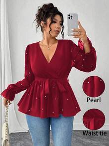 Elenzga 大码女式畅销V领优雅性感修身衬衫，适合通勤和派对，束腰蝴蝶结设计，仿珍珠装饰 - 紅色 - 查看 1