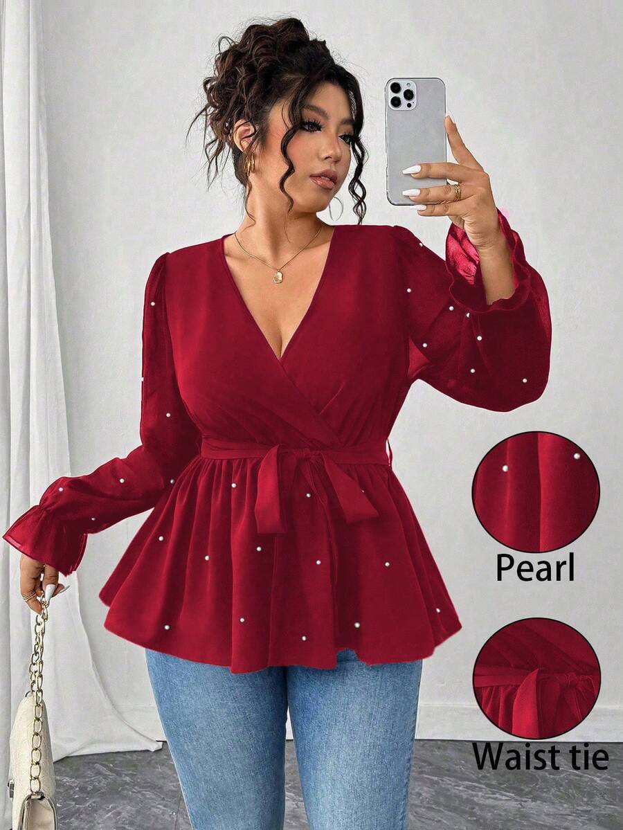 Elenzga 大码女式畅销V领优雅性感修身衬衫，适合通勤和派对，束腰蝴蝶结设计，仿珍珠装饰 - 紅色 - 查看 1