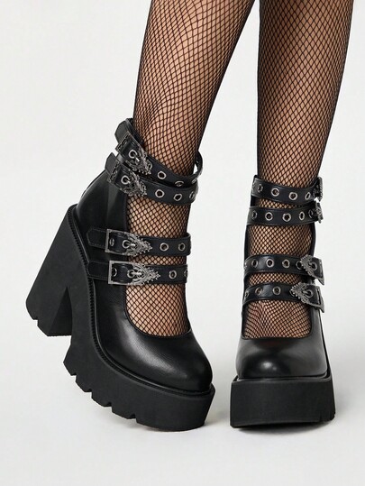Grunge Punk Women's Vintage Sexy Hollow Out Chunky Heel Ankle Boots, Gothic Punk Style Metal Buckle Strap High Platform Waterproof Party Performance Nightclub Comfortable Short Boots