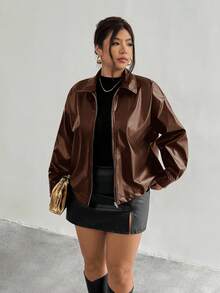 Firerie 大码女式黑色长袖 PU 皮夹克棕色衣服棕色西装外套女式秋冬装 - 巧克力棕 - 查看 4