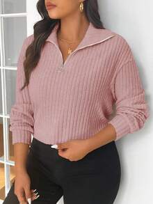 SHEIN Frenchy Áo thun cổ bẻ màu mơ lông mịn cỡ lớn có khóa kéo - Hồng - Xem 4