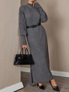 CLARA VERO Women's Elegant Rib Knit Ribbed High Neck Flare Hem Balloon Sleeve Knit Sweater Dress Comfy And Chic Winter - Grey - View 1