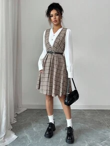 Rafferiza 返校季日常休闲百搭复古格纹柔软拉绒材质V领撞色白领袖二合一卡其色短款配腰带女士秋季外出连衣裙秋季女装返校连衣裙 - 彩色 - 查看 3