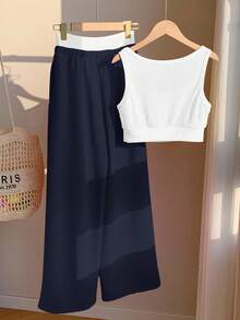 Comfortcana 2 件套女式字母印花背心和撞色长裤套装，奶油黄色，夏季假期 - 藏蓝色 - 查看 2