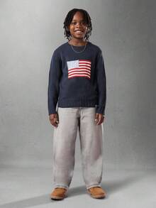 SUMWON 美国国旗针织毛衣节日爱国节日圣诞节冬季个性休闲圆领长袖套头衫儿童舒适针织衫