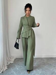 Elenzga Bộ 2 món áo và quần dài tay dài thời trang đơn giản, nhiều màu sắc, thoải mái dành cho nữ - xanh quân đội - Xem 3