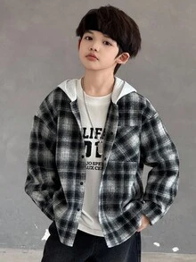 DAZY 男童（大童）格子连帽长袖衬衫