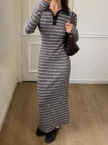 DAZY 秋冬女士拼色条纹修身腰长袖 Polo 领休闲街头风格连衣裙 - 灰色 - 查看 5