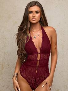 SHEIN BAE 女士性感蕾丝吊带露背紧身衣，夏季 - 酒紅色 - 查看 6