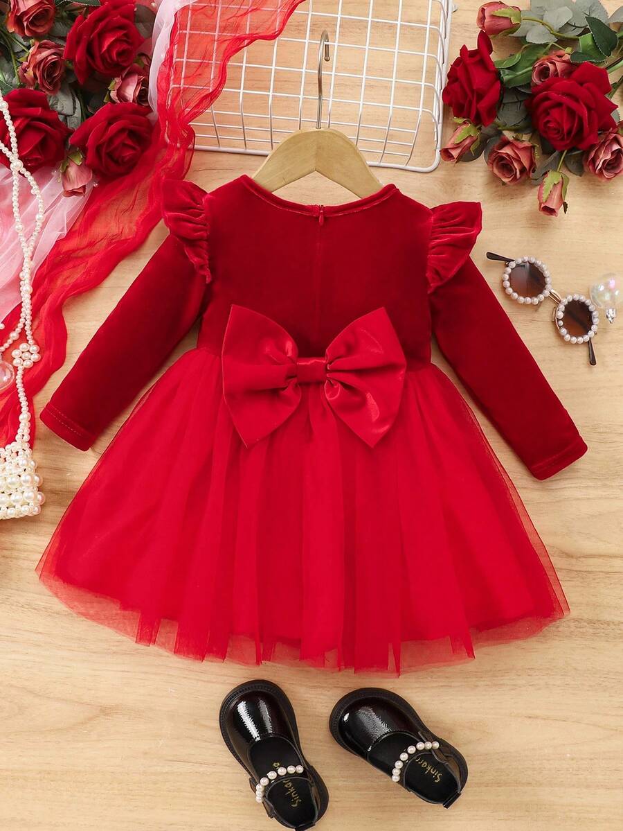 SHEIN Babygirl 优雅天鹅绒和网眼拼布长袖连衣裙 - 紅色 - 查看 1