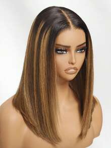Bye Bye Knots 7x5 Lace Brown With Blonde Piano Highlights Straight Bob Wig With Dark Roots Glueless Bob Wigs 100% Human Hair Ready To Wear Pre Cut Pre Bleached Pre-Pluck Transparent Lace With Drawstring - S1/27 - View 6